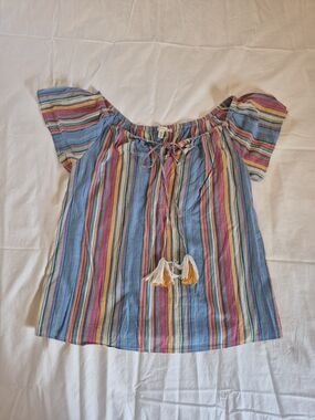 Seven7 Multicolor Striped Off-Shoulder Top with Tassels